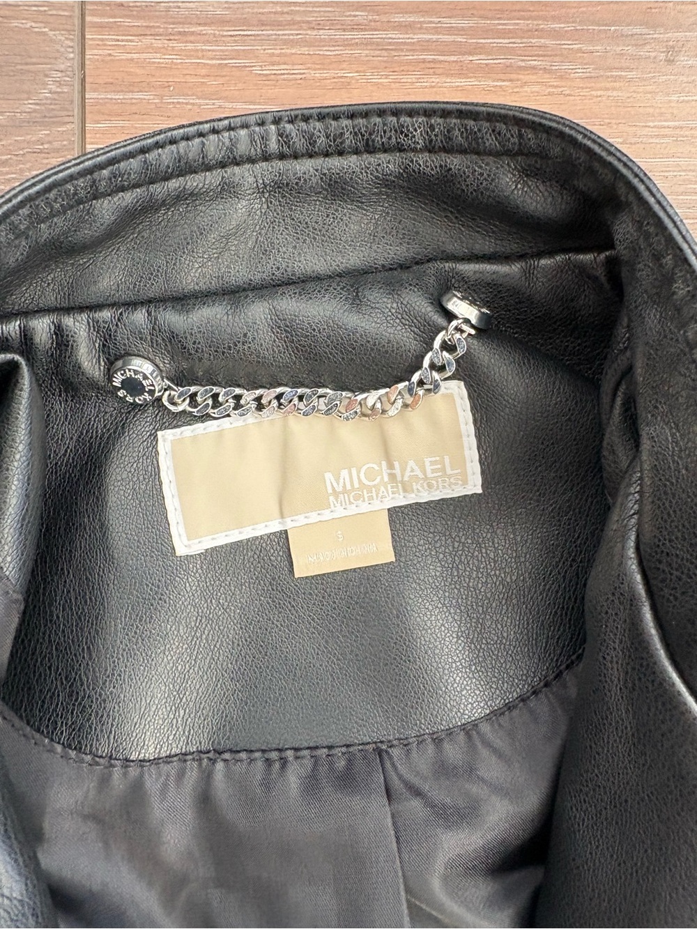 MICHAEL Michael Kors Black Faux Leather Moto Jacket with Quilted Sleeve Panels - Picture 3 of 3